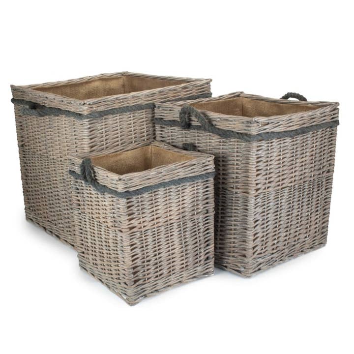 Red Hamper - Wholesale Basket - Wicker Grey Wash Square Hessian Lined Log Basket3