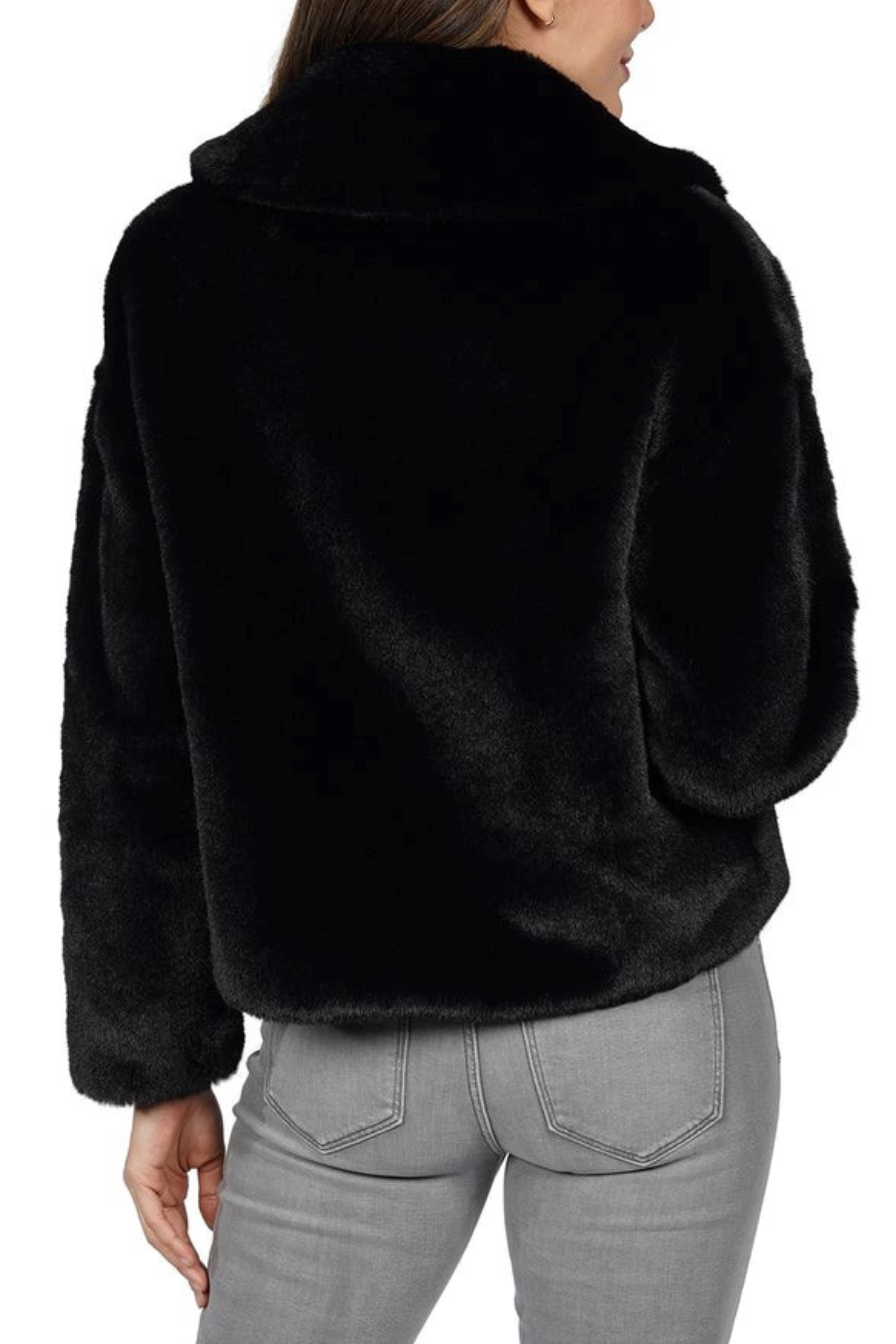 BLACK Love Token Cropped Faux Fur Coat for wholesale on Faire1