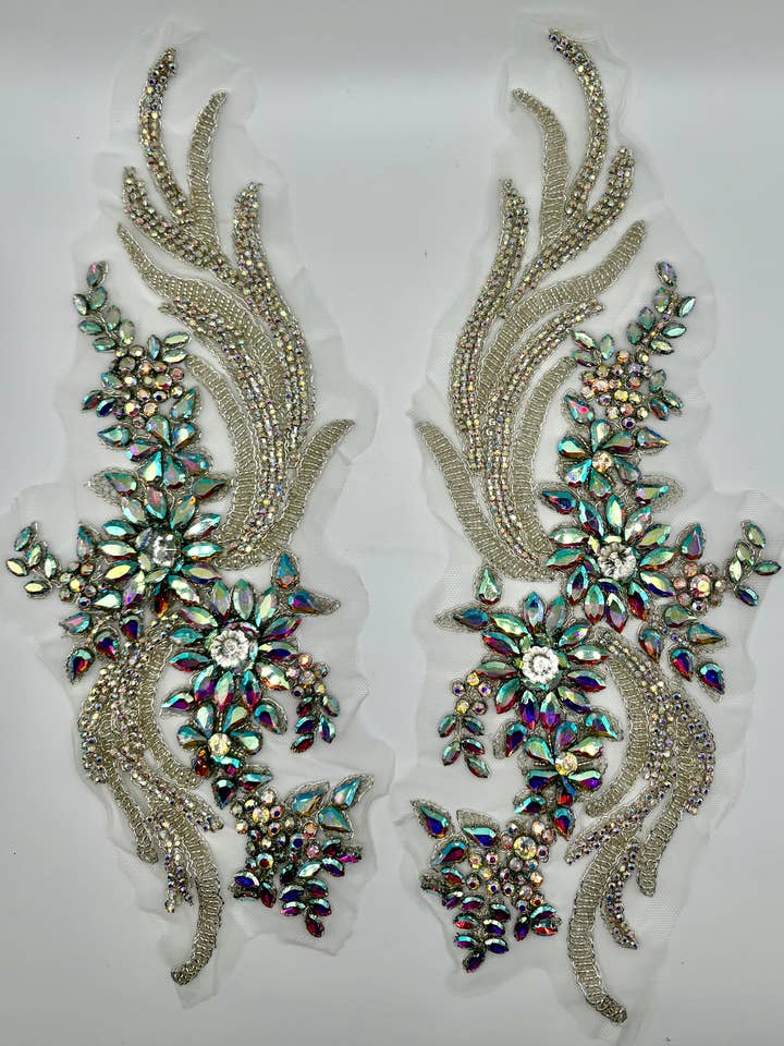 AB Silver Rhinestone and Glass Bead Pair Appliqué for wholesale on Faire