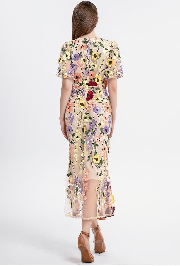 Sanyao Fashion - Wholesale Dress - Women's - SY474 3D Floral Embroidered Puff Sleeve Fishtail Skirt8