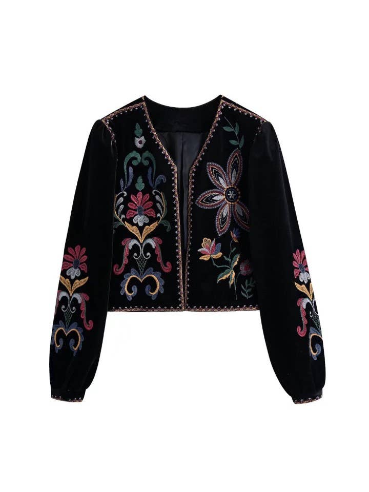 Black Vintage Floral Embroidered Cardigan Jacket for wholesale on Faire0