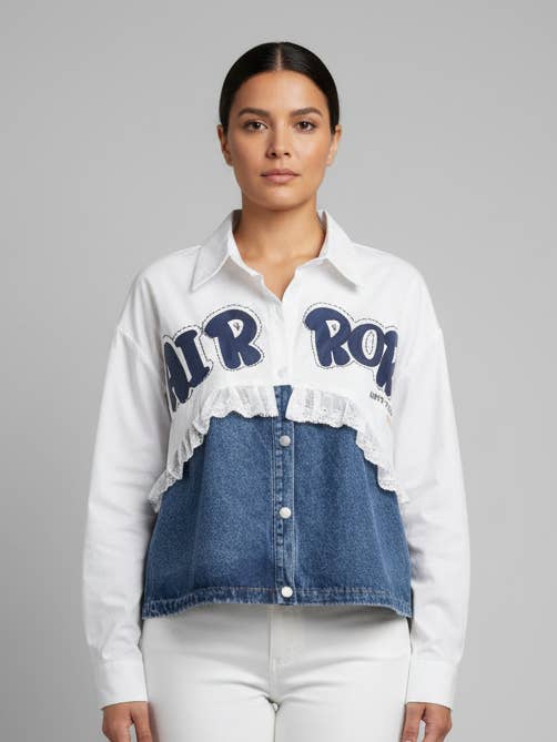 Blouse en denim surdimensionnée à motifs mixtes pour la vente par LINZY