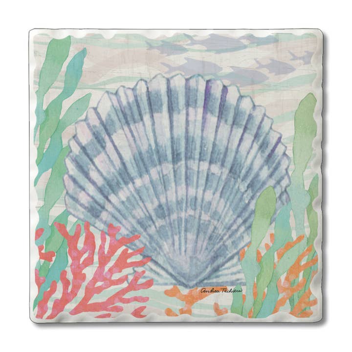 "Salt & Sea-Teal Shells" Single Tumbled Tile Coaster for wholesale by Conimar Promotions