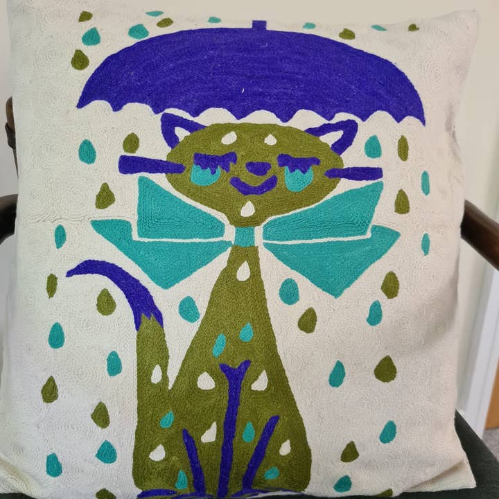 Hand-Embroidered Cushion Cover – Cat in the Rain Design for wholesale by salty cactus