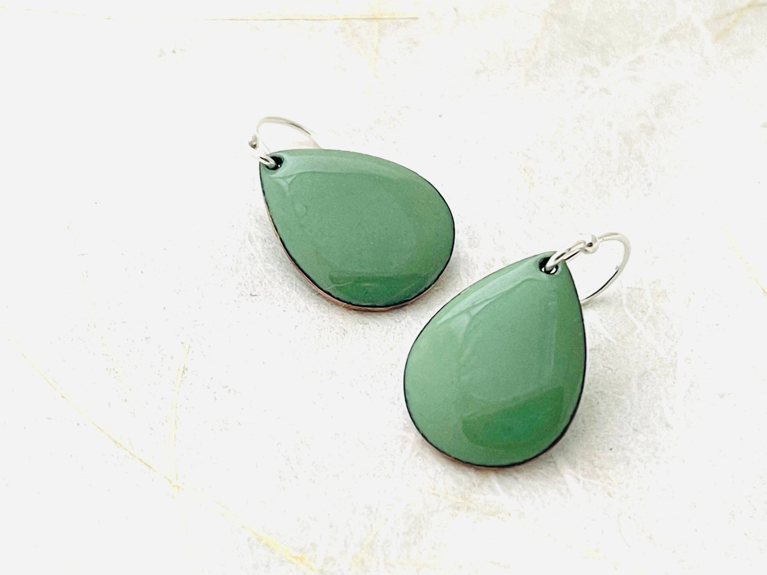 Magpie Mouse Studios – wholesale Dangle earrings – Small Teardrop Earrings, Willow Green Enamel Earrings2