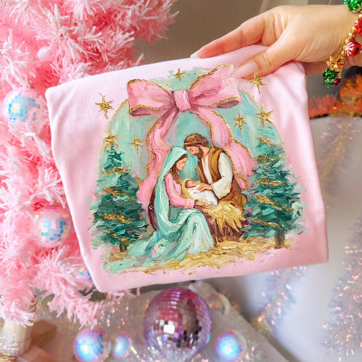 Pink Bow Nativity Tee for wholesale by Trendy Tee Co.