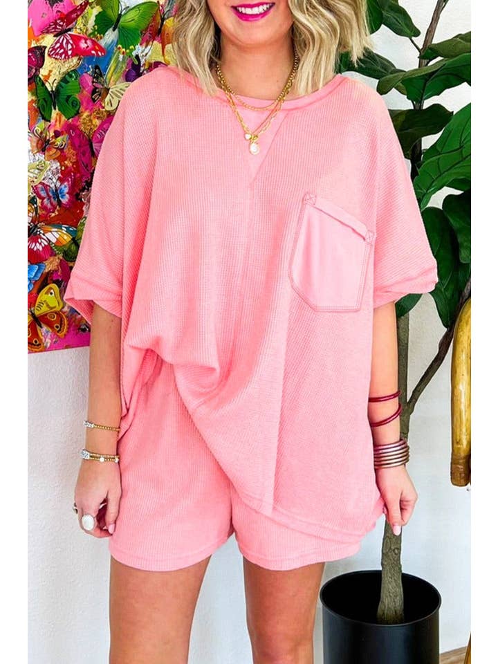 Pink Waffle Tee and Shorts Set Plus Size for wholesale on Faire