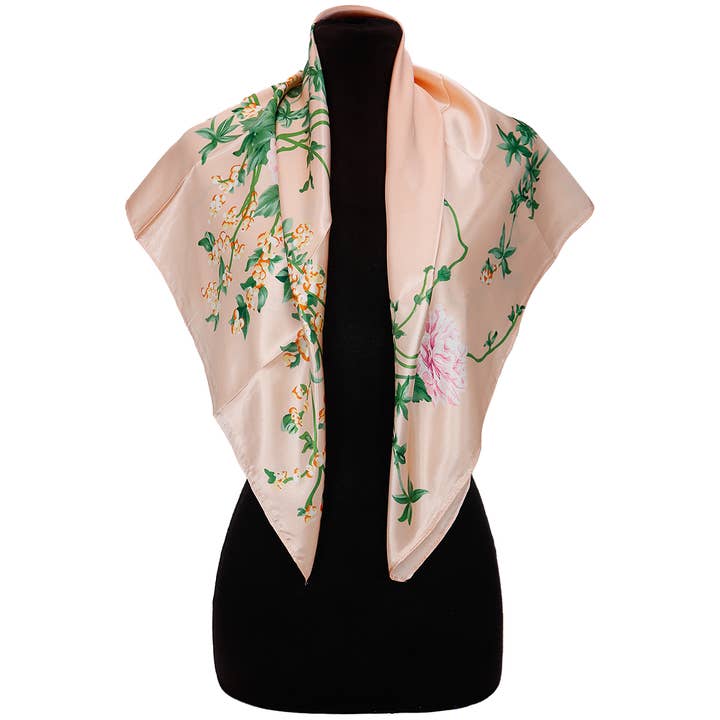 Cap Zone - Wholesale Scarf - Women's - Peony Cherry Blossom Floral Faux Silk Satin Square Scarf2
