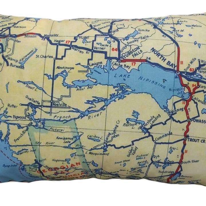 French River/Nipissing Area Vintage Map Pillow for wholesale by Vintage Map Co.