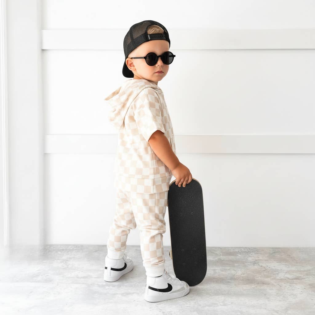 Rufflеѕ & Bоwtіеѕ - Affordable Boys & Girls Clothing - Wholesale Top & Pant Set - Kids - Boys 2 PC Set - Hooded Jogger Set - Tan & White Check