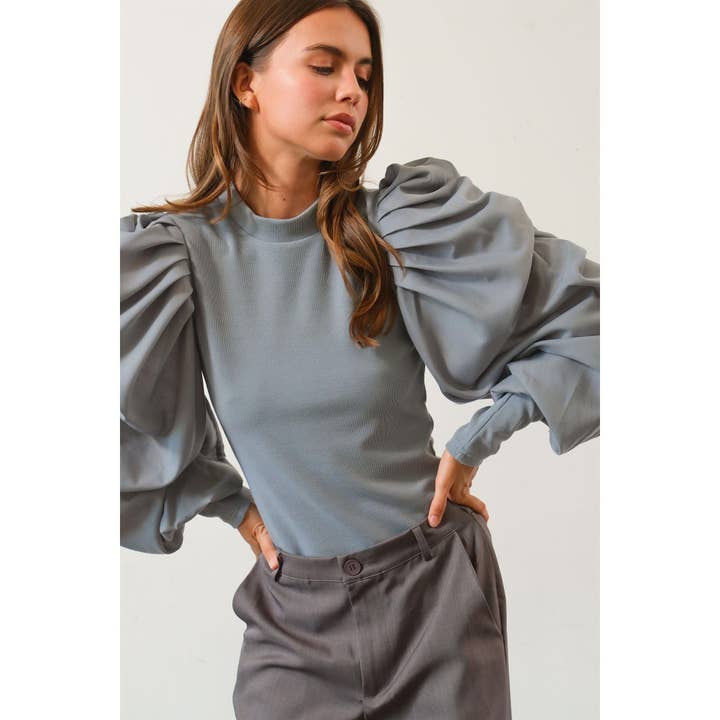 HYFVE - Wholesale Blouse - Women's - HF25A714-Mock Neck Puff Sleeve Blouse