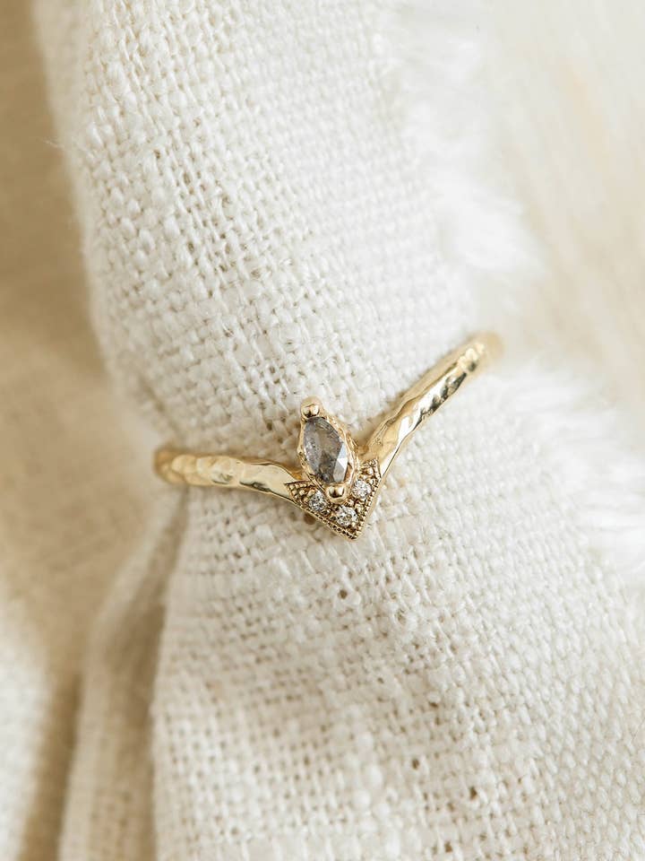 Rose Cut Salt and Pepper Diamond Marquise Peak Ring in Solid Gold for wholesale by Lacee Alexandra Jewelry