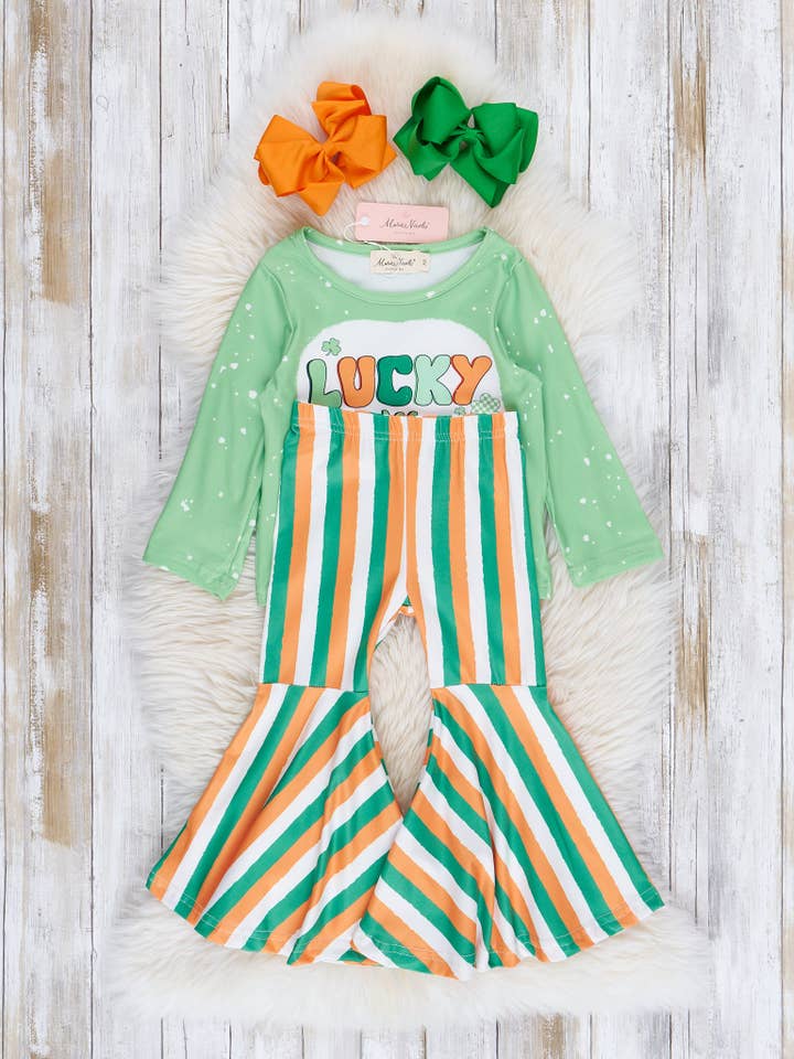 Marie Nicole Clothing - Wholesale Top & Pant Set - Kids - Green Lucky Vibes Striped Bell Bottom Outfit