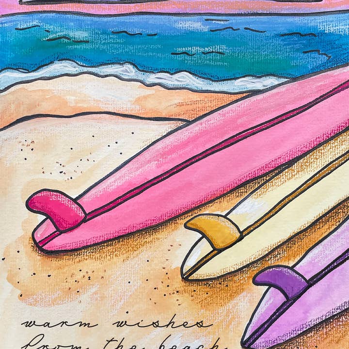 Warm Wishes & Surf Boards Card - watercolor, beach, holiday for wholesale by Kerry Quinn's Kitsch