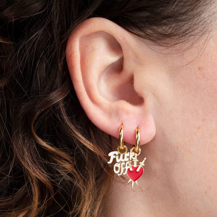 Yellow Owl Workshop - Wholesale Huggie Earrings - F*ck Off & Heart/Daggers Hoop Earrings - Gold Statement