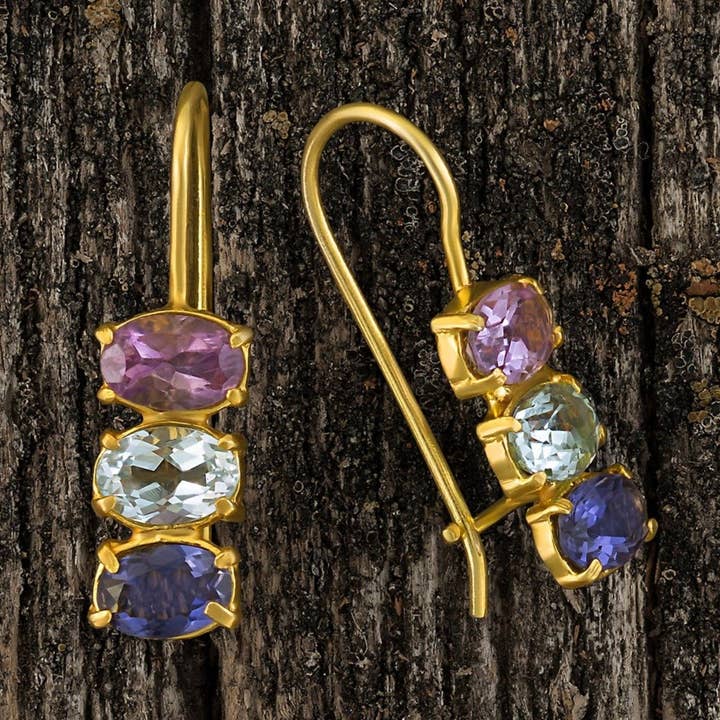 Diana Daring Amethyst, Topaz and Iolite Earrings for wholesale by BoneNE, LLC