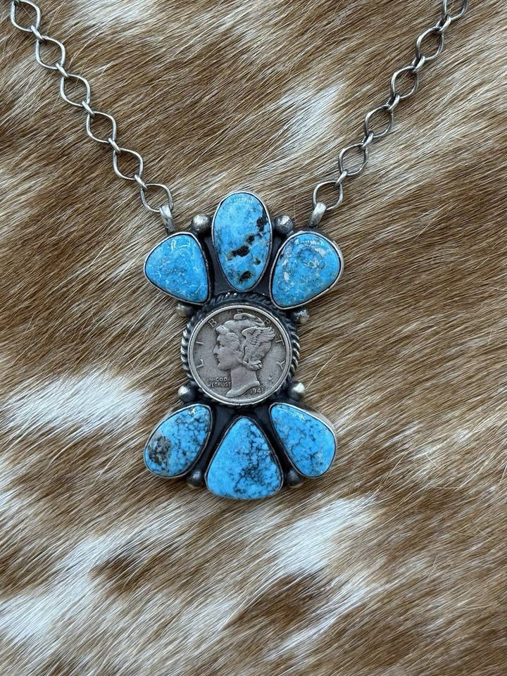 Navajo Håndlavet Sølv Kingman Turkis Liberty Dime Klynge Bar Halskæde 18” for engroshandel hos Native City Jewelry