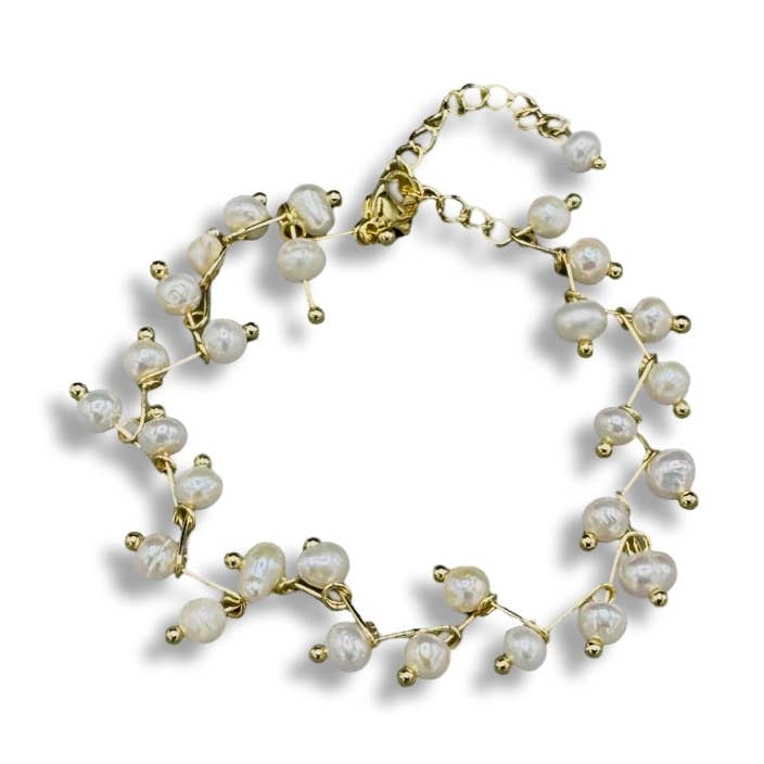 265-01-G | PULSEIRA DE PÉROLAS EM MALHA DOURADA por atacado de Girl With A Pearl
