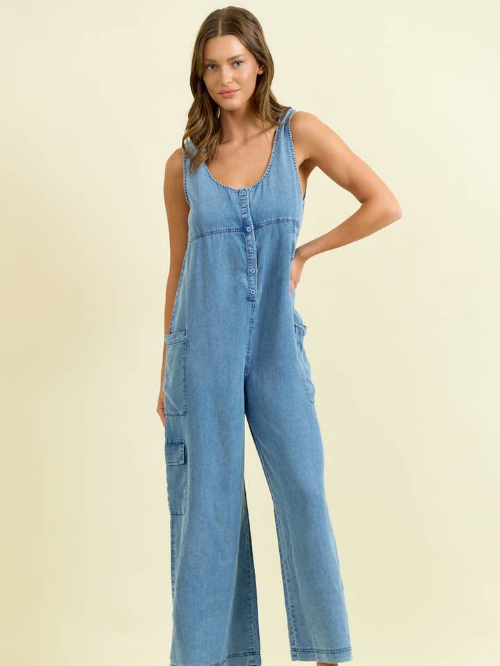 WIDE LEG TENCEL CARGO POCKET JUMPSUIT - 28092R for wholesale by Doe and Rae