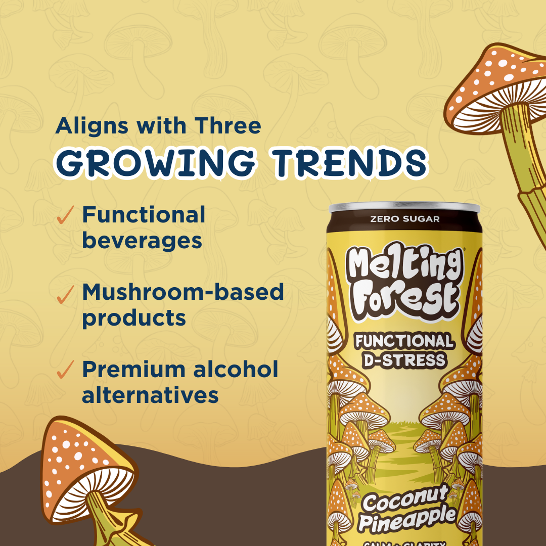 Melting Forest - Vente Eau gazeuse - Boisson aux champignons pour soulagement du stress - Noix de coco et ananas5