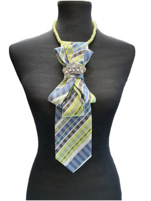 Custom Necktie Necklace - Blue/Green Plaid w Crown Brooch for wholesale by See it…Love it…Buy it