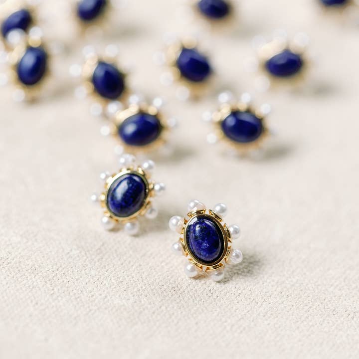 St Armands Designs of Sarasota - Wholesale Stud/Post Earrings - Blue Lapis and Pearl Oval Stud Earrings