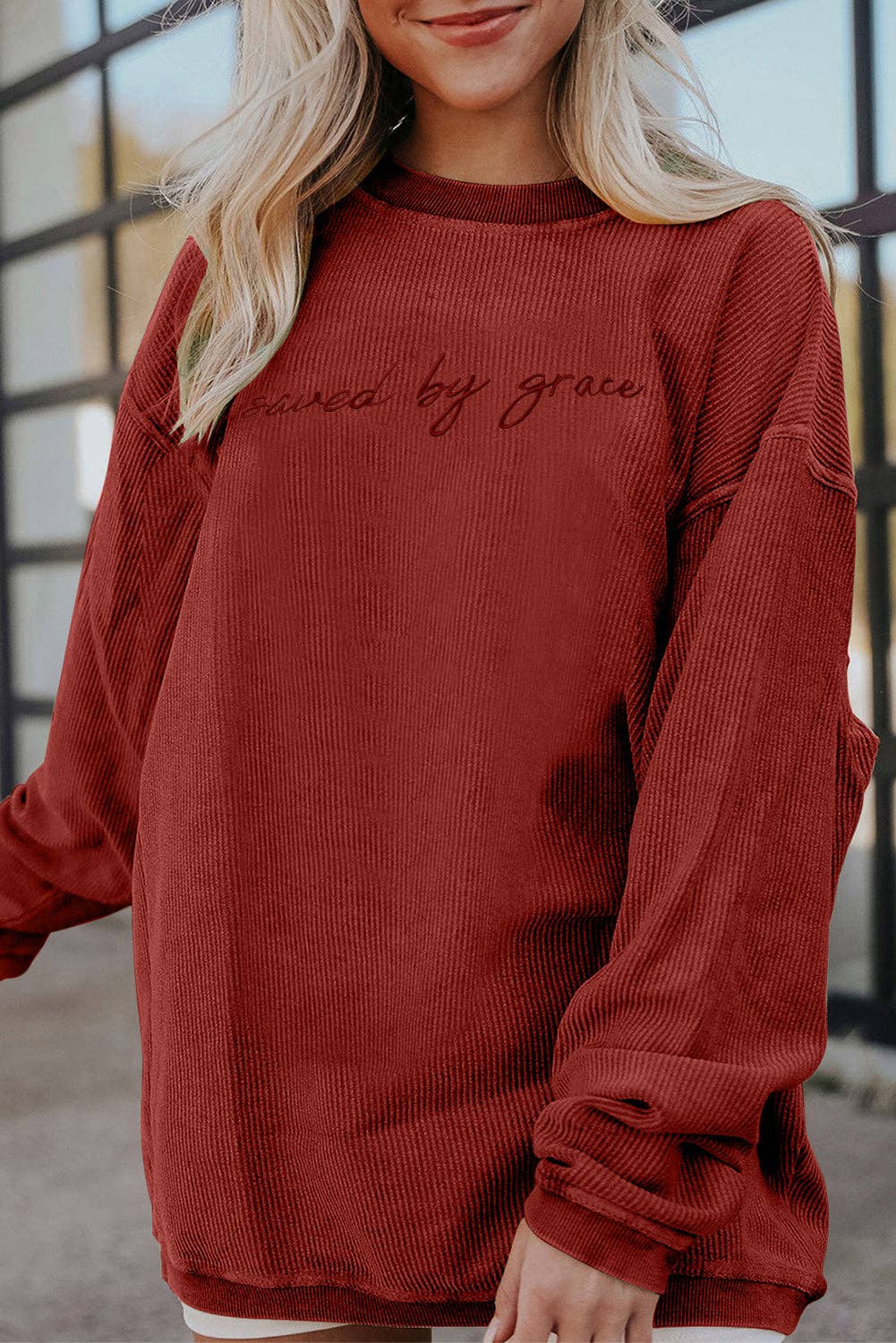 Suhkasana – wholesale Sweatshirt – Women's – Embroidered “saved by grace” Chunky Knit Crewneck Sweater11