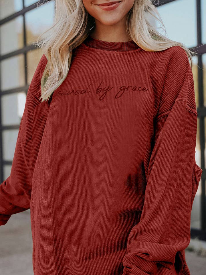 Suhkasana - Vente Sweat-shirt – femme - Pull à col rond en grosse maille brodé "sauvé par la grâce"11