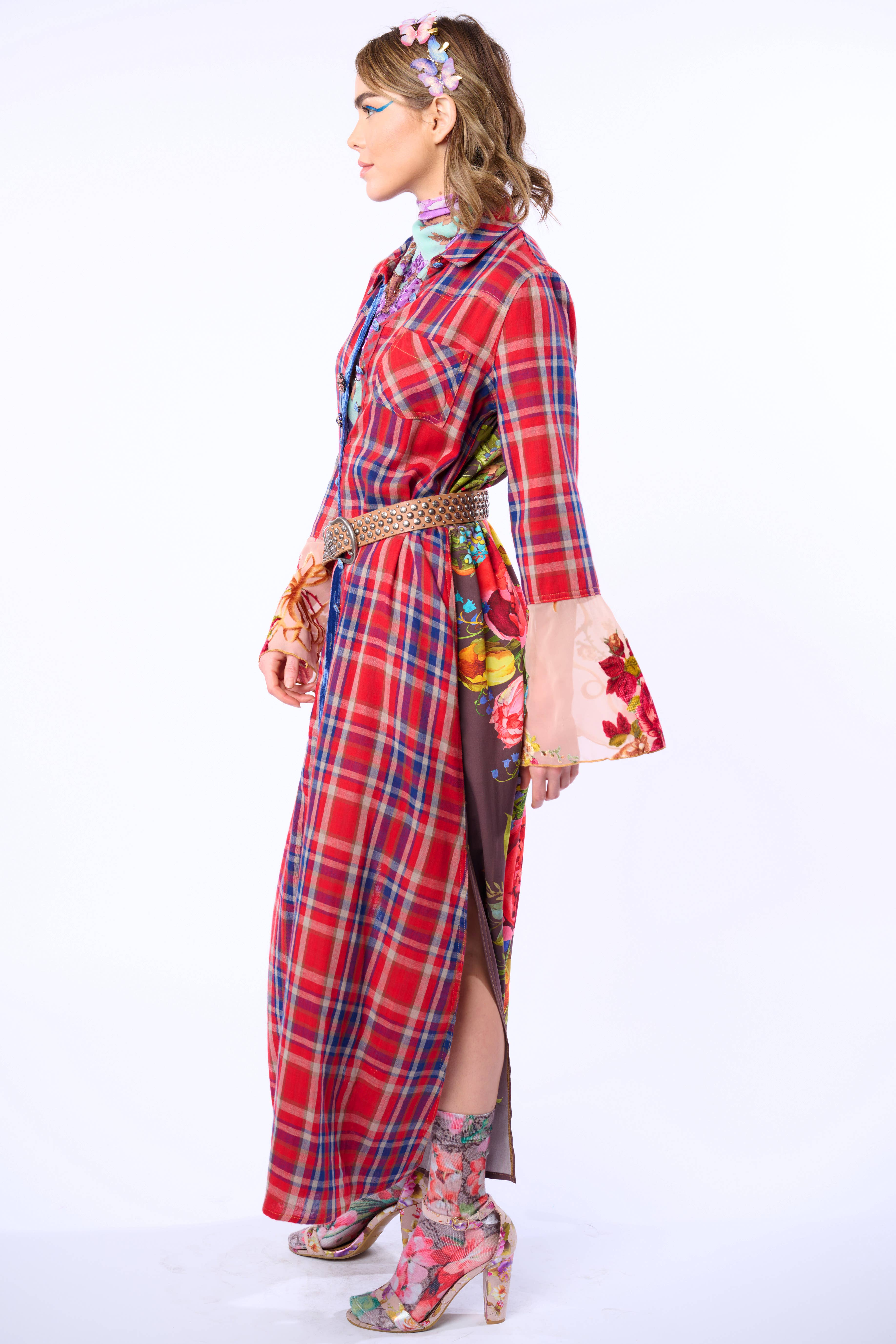 Rode geruite combinatie Anna knoopsluiting Maxi Overhemdjurk / Duster voor groothandel op Faire6