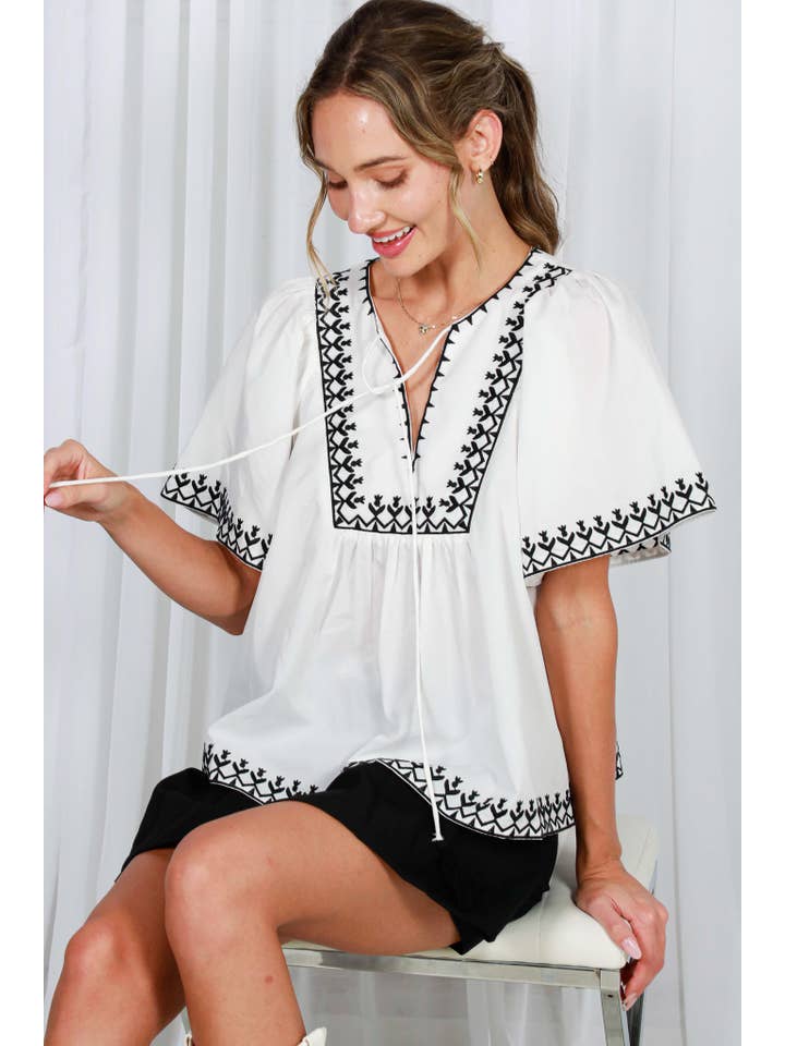 Vine & Love - Vente Chemisier – femme - Blouse blanche brodée à col noué, style bohème7