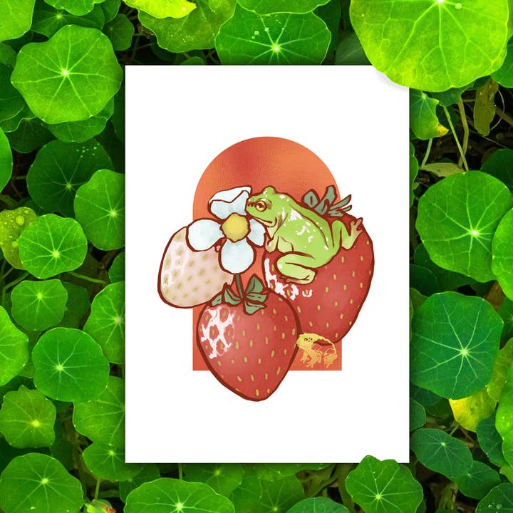Fragole - Stampa d'Arte Digitale con Rana 5x7" per la vendita all'ingrosso da parte di Frog Tree