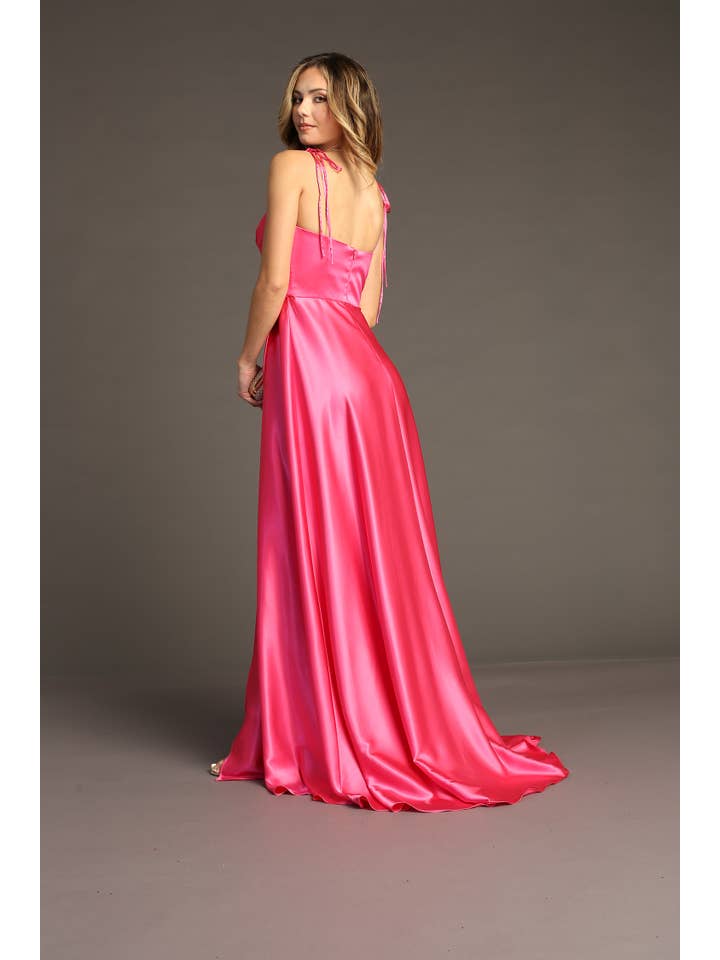 Chicas - Wholesale Gown - Women's - Long Satin Dress With Tie on Straps and Slit 981115