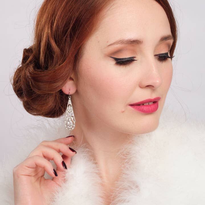 Crystal Drop Earrings: 1920s Style Filigree Drop Earrings for wholesale by Lovett & Co