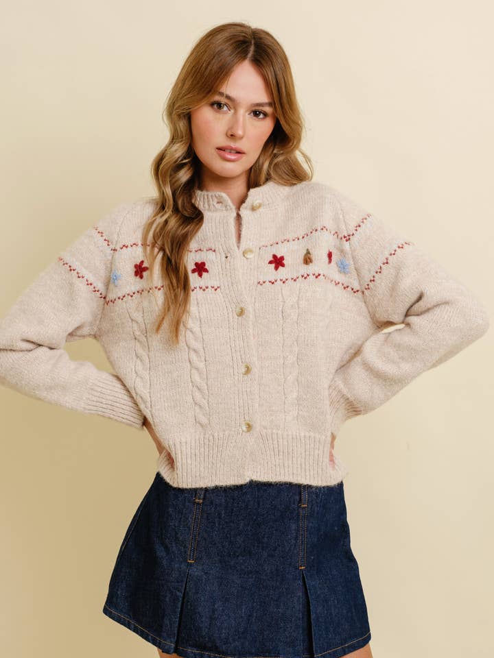 CSW19114 - CABLE KNIT DESIGN W/ FLOWER EMBROIDERY SWEATER for wholesale by Cloud Ten