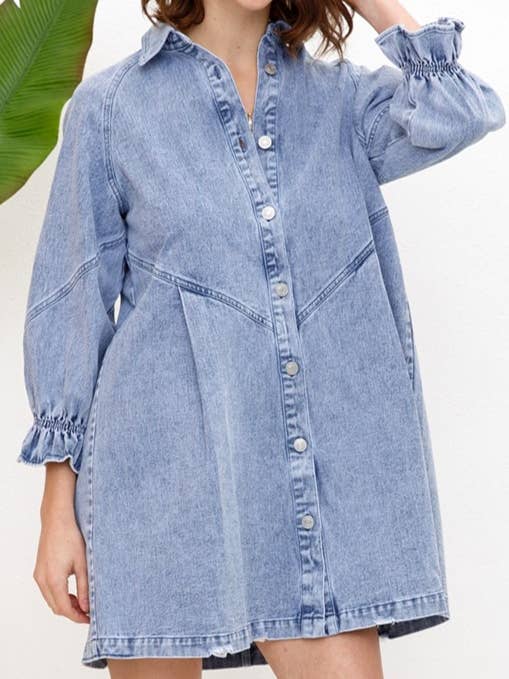 HIDDENBRAND - Wholesale Dress - Women's - Balloon sleeve denim shirt mini dress9