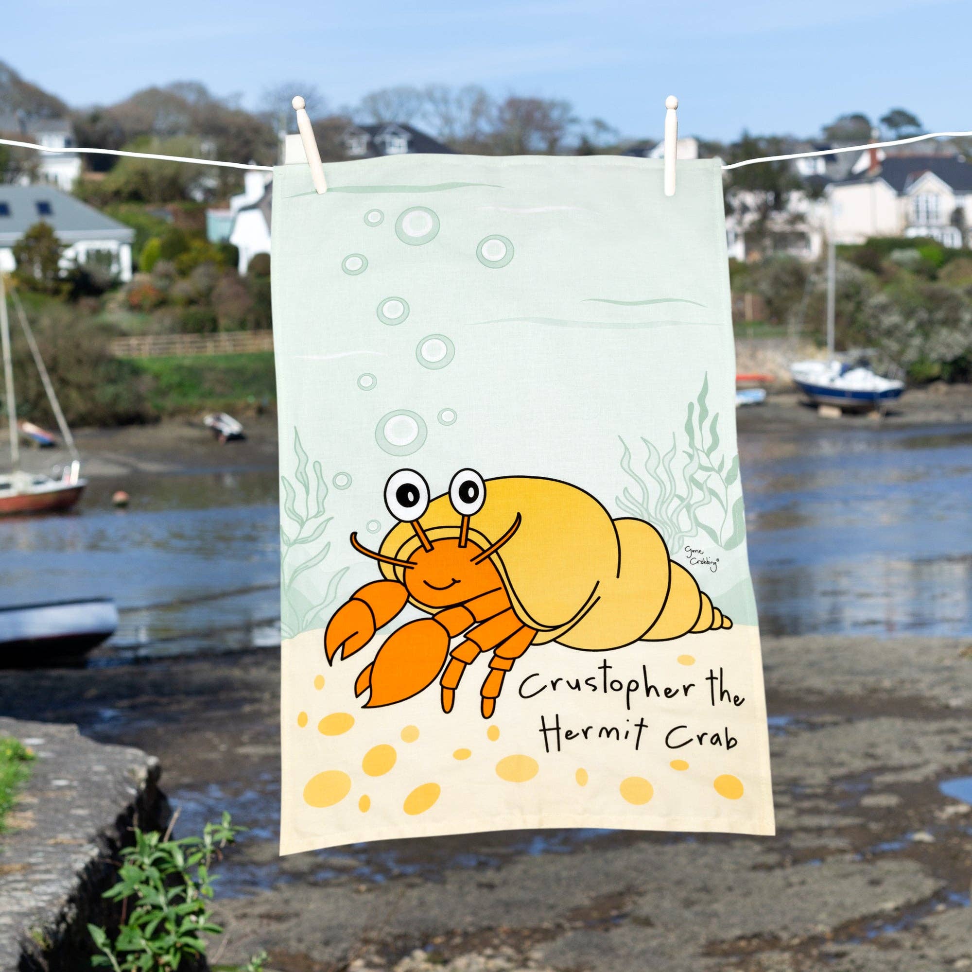 Gone Crabbing – wholesale Tea towel – Crustopher the Hermit Crab Tea Towel1