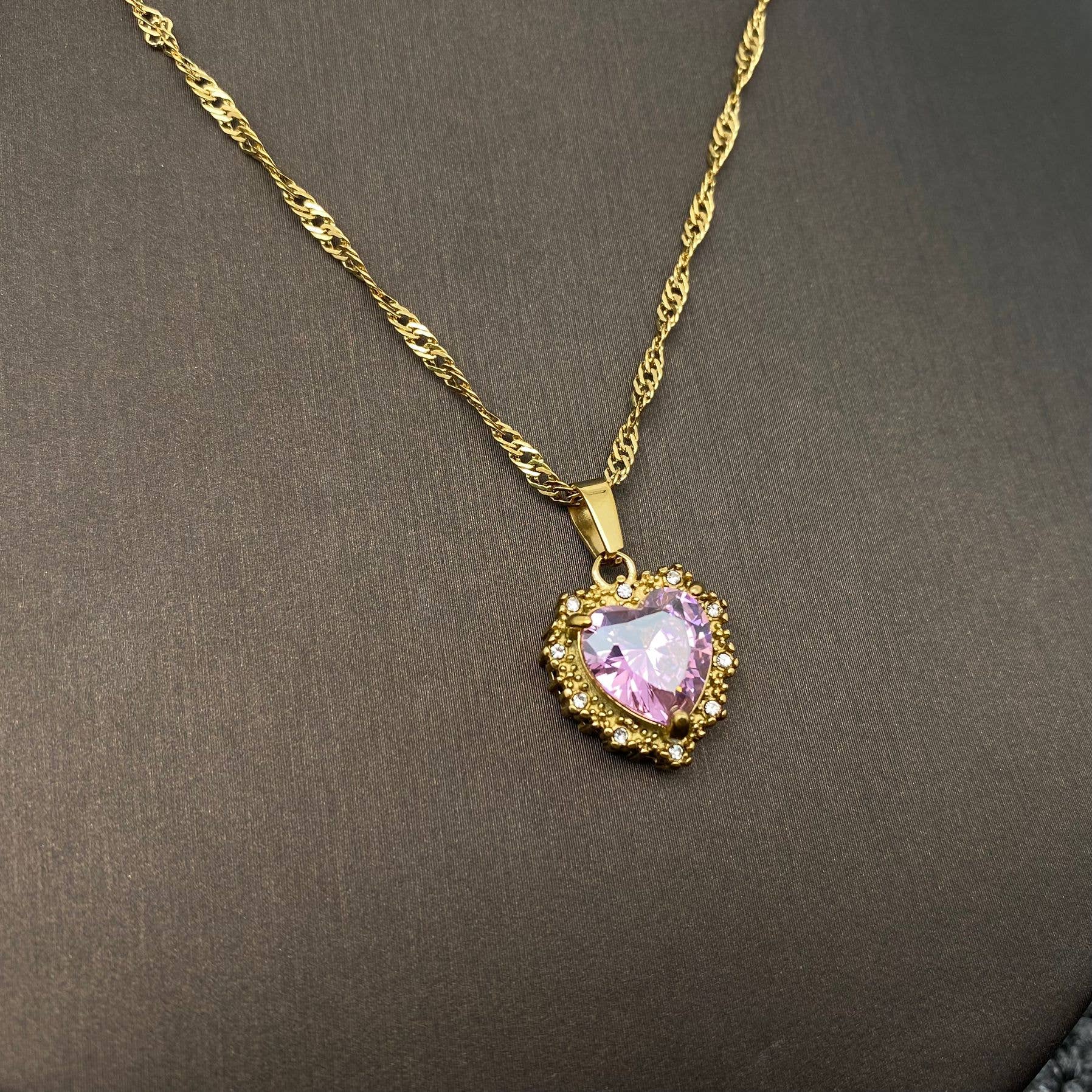 Mio Queena - Wholesale Pendant/Charm Necklace - Sparkling Heart Zircon Charm 18K Gold Plated SS Necklace-FGS8