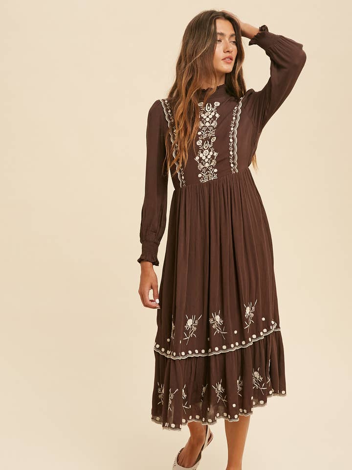 SMOCKED NECK EMBROIDERED MIDI DRESS for wholesale by In Loom