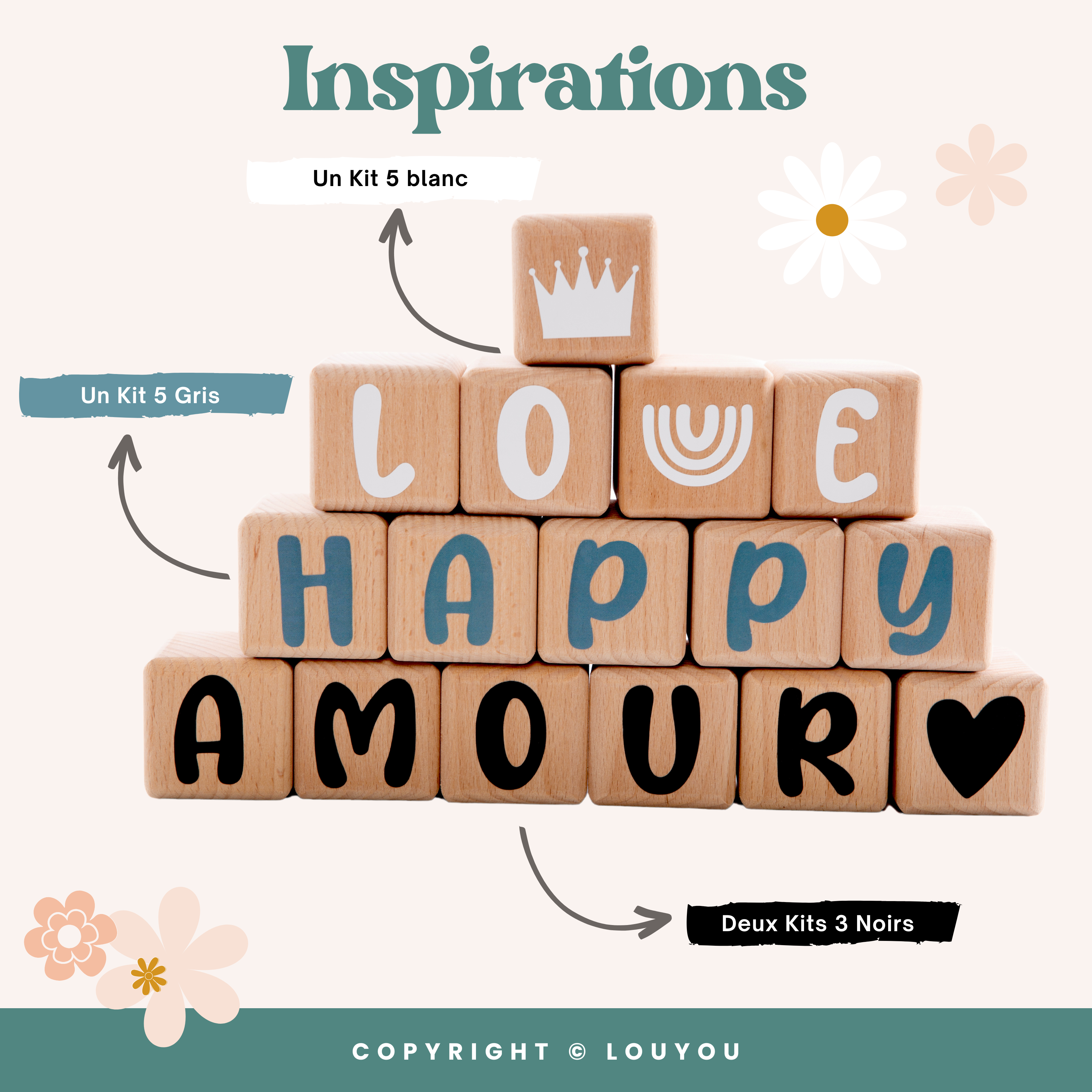 LouYou - Wholesale Christmas Decoration - Kids & Baby - 5 Beech Wood Cubes (5cm x 5cm) + 66 Gray Stickers7