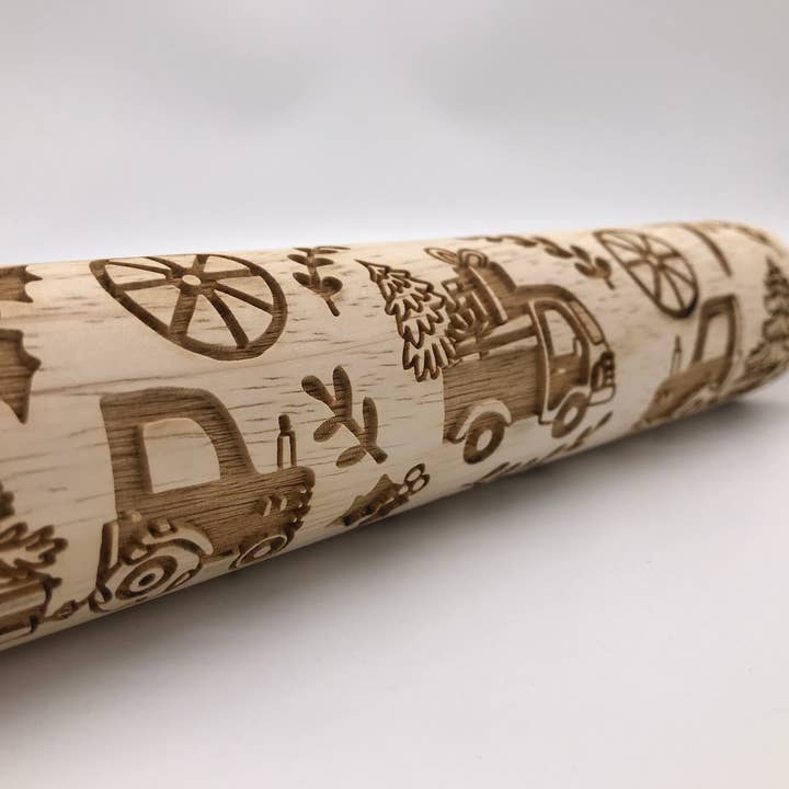 Embossed Rolling Pin With Trees & Tractors Design for wholesale by Sweet Rolling Pins