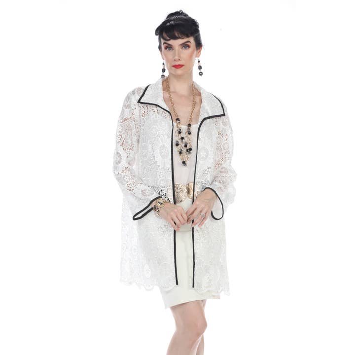 White Lace Long Jacket with Black Piping for wholesale by Aris A