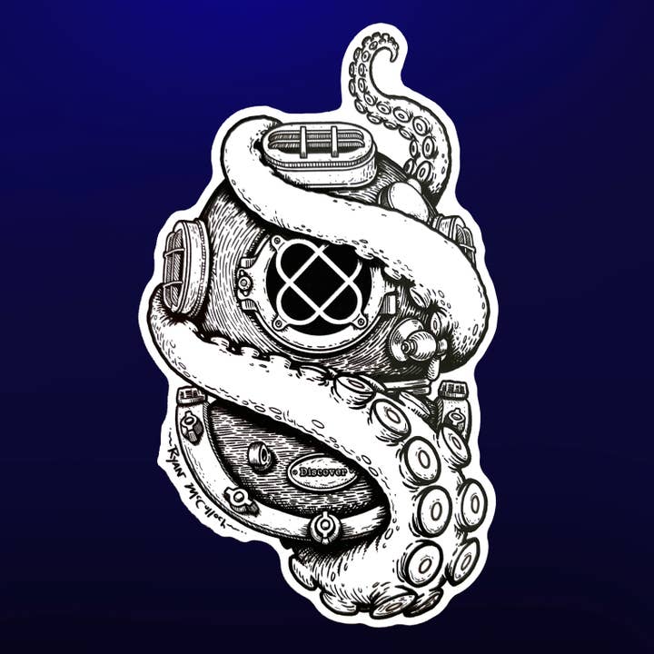 Ryan McCulloch Art - Wholesale Sticker - VINYL STICKER: Kraken Diving Helmet (Stoic Americana) (4.6")