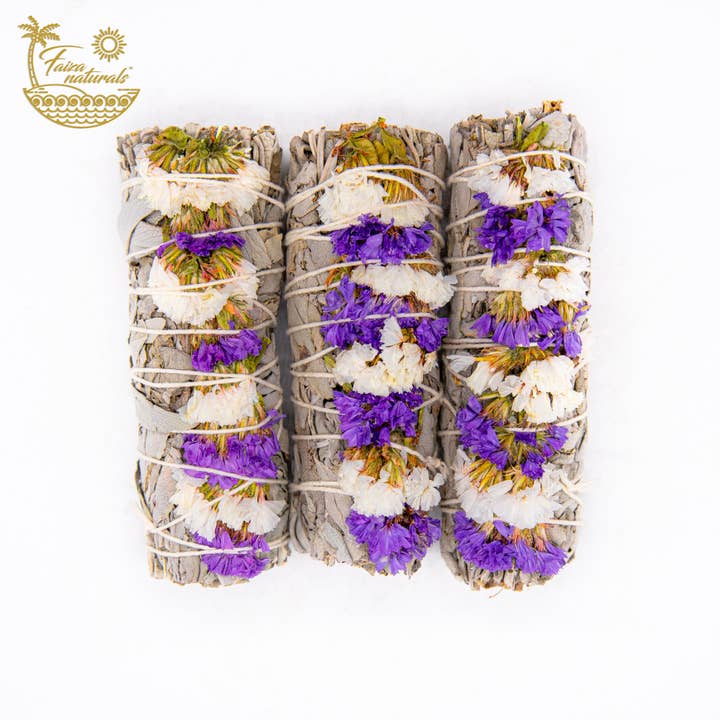 Faiza Naturals - Wholesale Sage Bundle - Purple and White Sinuata Flower with White Sage Bundles