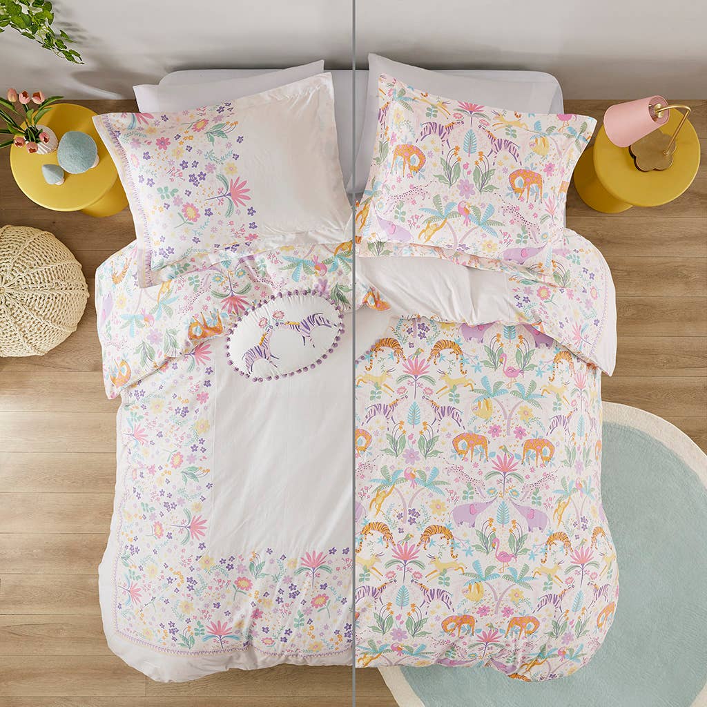 Olliix - Vente Parure de lit - Ensemble de housse de couette réversible en coton pour enfants avec animaux floraux1
