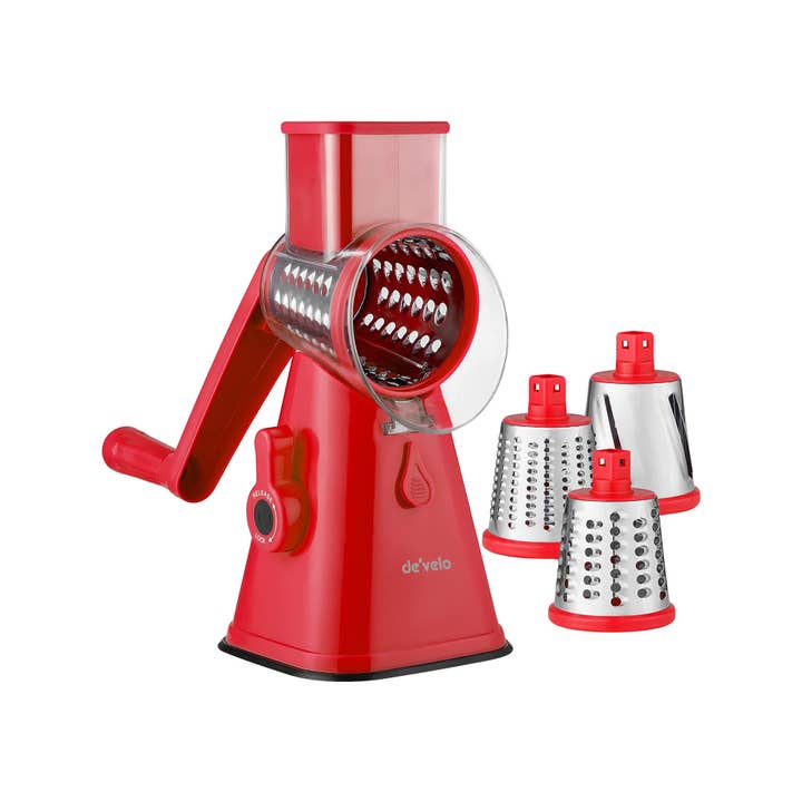 Grattugia per Formaggio Rotante con Base a Ventosa e 3 Lame Intercambiabili per la vendita all'ingrosso da parte di DE'VELO INC.