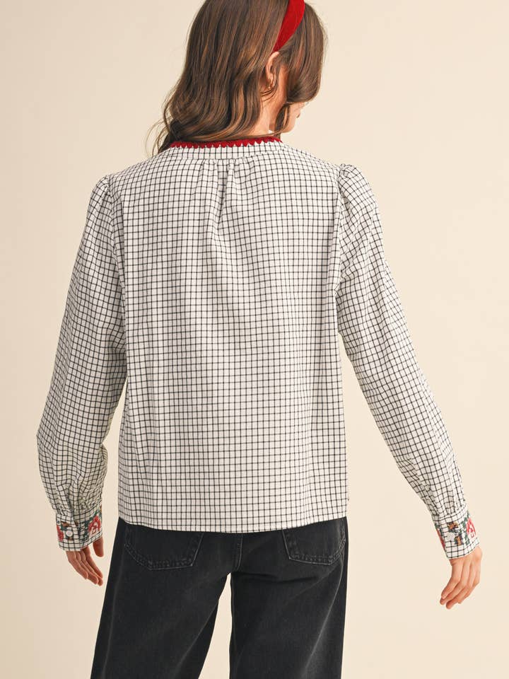 &MERCI - Wholesale Blouse - Women's - FLORAL CROSS STITCH EMBROIDERED CHECKERED TOP MTP414713