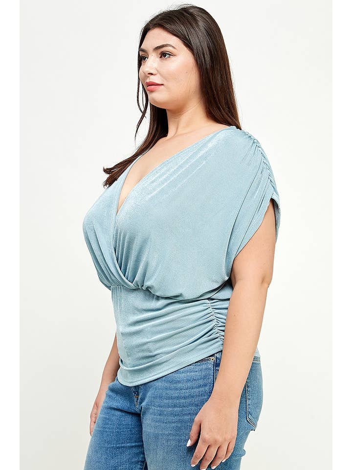 Haute Fox Plus Size & Contemporary - Wholesale Knit Top - Women's - Plus Size Slinky Knit Ruched Top - KY18023-T6