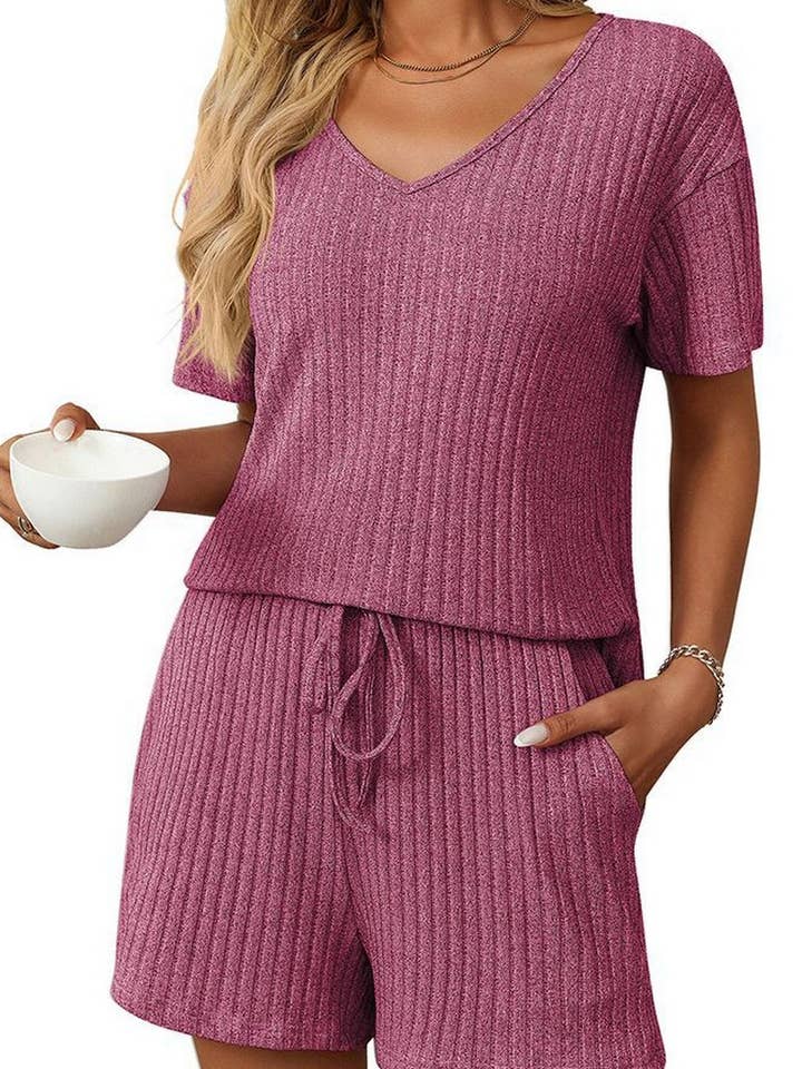 NINEXIS - Vente Ensemble de vêtements d'intérieur – femme - ENSEMBLE DE MAISON À MANCHES COURTES RAYÉ DE COULEUR UNIE CWSTB166318