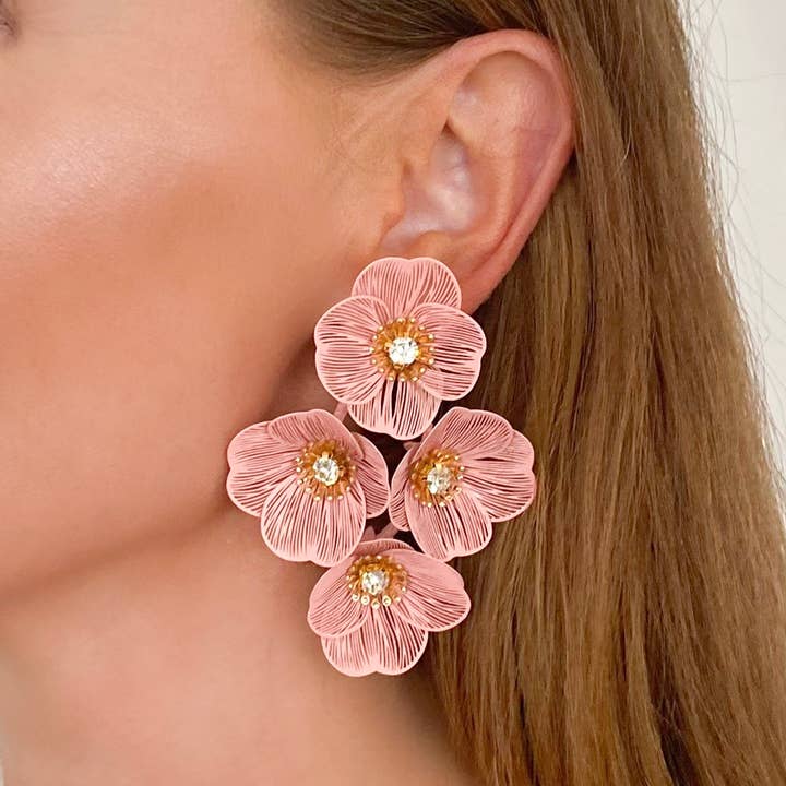 Large Statement Oh Baby Pink Flower Earrings for wholesale by Nicholls Jewellery
