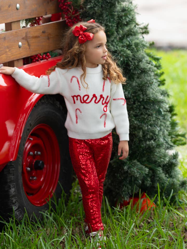 Merry Knit Sweater and Red Dazzling Sequin Pant Set for wholesale on Faire4